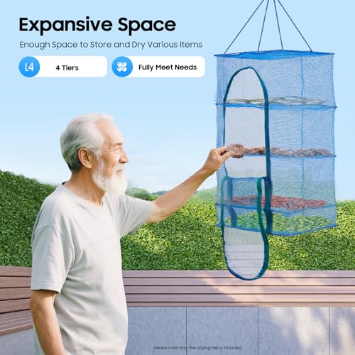 Herb Drying Rack, 4 Layers Foldable Drying Rack with Zipper Opening, Hanging Drying Net for Herbs, Fruits, Vegetables, Fish, Shrimp, Foldable Nylon Netting, Blue (13.78X13.78X25.59 in)