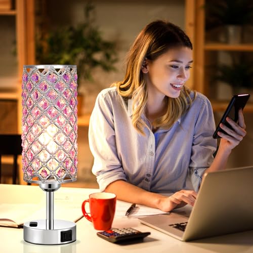 Hong-in Crystal Lamps Set of 2, 3 Way Dimmable Touch Lamp with Crystal Shade, Bedside Nightstand Lamps for Living Room Bedroom Home Office(Purple) - color: Purple