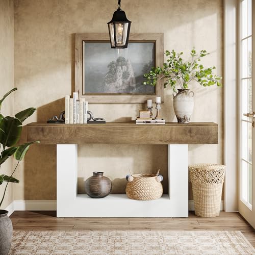 Tribesigns 63-Inch Long Console Table, 2-Tier Entryway Table Sofa Table with Storage, Farmhouse Wood Behind Couch Table for Living Room, Hallway, Light Brown & White - color: Light Brown & White