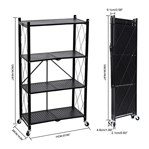 4-Tier Heavy Duty Foldable Metal Rack Storage Shelving Unit with Wheels Moving Easily Organizer Shelves Great for Garage Kitchen, Black - size: 4-Tier