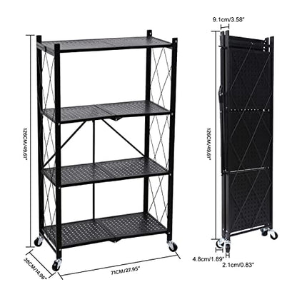 4-Tier Heavy Duty Foldable Metal Rack Storage Shelving Unit with Wheels Moving Easily Organizer Shelves Great for Garage Kitchen, Black - size: 4-Tier
