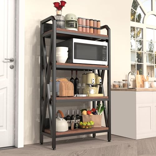56.3” Baker‘s Rack for Kitchen, 4-Tier Metal Wood Shelf, Heavy Duty Adjustable Shelving Unit, Freestanding Organizer for Garage Pantry Bathroom Closet, Black Brown - size: 27.60''Length