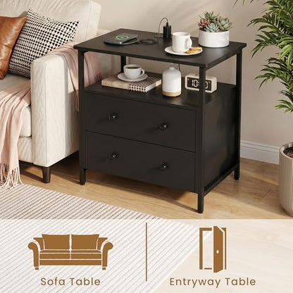 Edbuosy 27 inch Wide Nightstand Set 2 with Charging Station, Bedside Table with Open Shelf, 2 Drawers Small Wood Dresser, Modern Wood Nightstand for Bedroom/Living Room, Black - color: Black-2 Pack, size: 27"W-2 Drawers