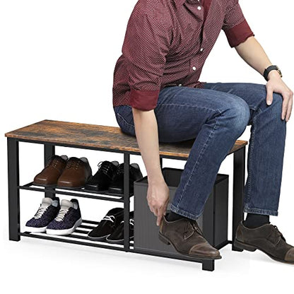 Simple Houseware 2 Tier Shoes Bench with Wood Top and Storage Bins, Rustic Brown - color: Rustic Brown, size: 35"