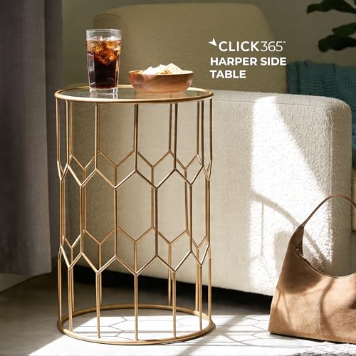 Harper Round Glass Accent Side Table, 16 Inch Modern End Table with Gold Metal Geometric Frame for Living Room, Bedroom or Small Spaces