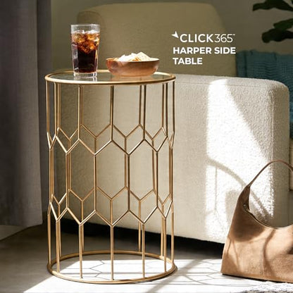 Harper Round Glass Accent Side Table, 16 Inch Modern End Table with Gold Metal Geometric Frame for Living Room, Bedroom or Small Spaces