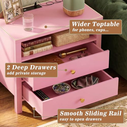 Aheaplus Nightstand with Charging Station, 23.6'' Large Bed Side Table with Wooden 2 Drawers, Night Stand for Bedroom, End Table with Open Storage Shelf for Living Room, Set of 2, Pink - color: Pink