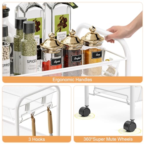 TOOLF 4-Tier Rolling Cart, Metal Utility Cart with 3 Hooks, Easy Assemble Mobile Storage Trolley On Wheels, Metal Shelving Units Kitchen Bathroom Laundry Room - color: White, size: 4-Tier