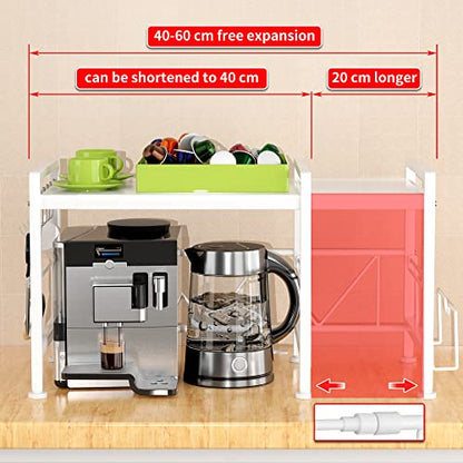 YIUKEA Extendable Microwave Oven Rack - Adjustable Kitchen counter shelf, 2 Tier Microwave Stand (L15.7~23.6" xW12.8 xH17.7) with 6 Hooks for Kitchen Countertop Organizer (White) - color: White