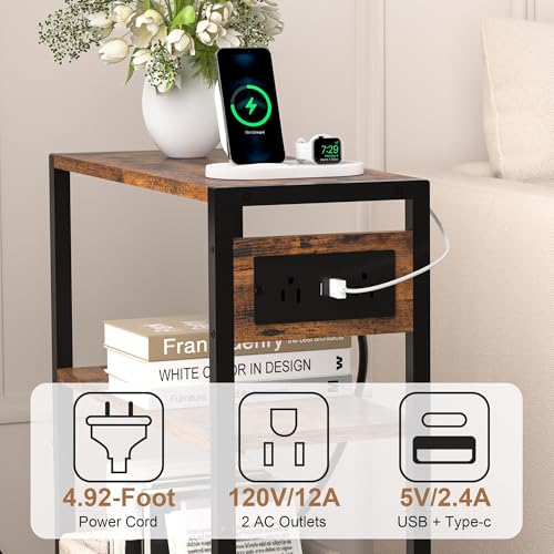 Small Narrow Side Table with Charging Station, Skinny End Table for Small Spaces, Slim Nightstand with Outlets, Sofa Bedside Table in Living Room, Bedroom, Study, Kitchen and Balcony (Rustic Brown) - color: Rustic Brown