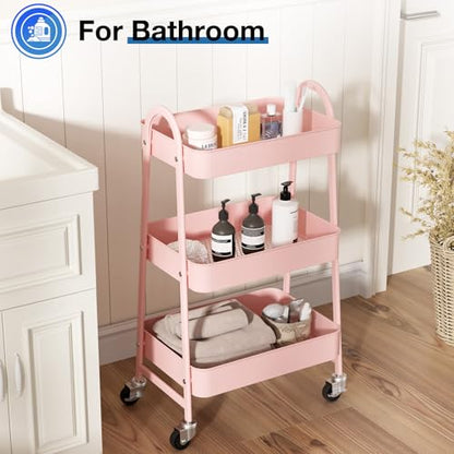 DUMOS 3 Tiers Metal Rolling Utility Cart with Lockable Wheels, Mobile Storage Organizer, Utility Shelving Unit for Kitchen, Office, Bathroom, Laundry, Narrow Places, Pink - color: 3 Tiers Pink