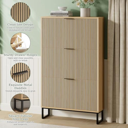Shoe Cabinet Storage with 3 Flip Drawers, Shoe Organizer Cabinet for Entryway, Modern Freestanding Hidden Shoe Rack Organizer Shoe Cupboard for Hallway, Natural Wood - size: 3 Flip Drawers