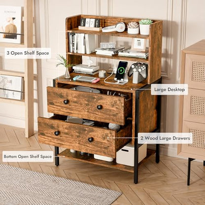 39 Inch Tall Nightstand with 2 Drawers & Charging Station, Brown | 4-tier Open Shelves, P2 Particle Board, Steel Frame, 2 AC Outlets, 2 USB Ports, Suitable for Dorm and Apartment - color: Retro Brown