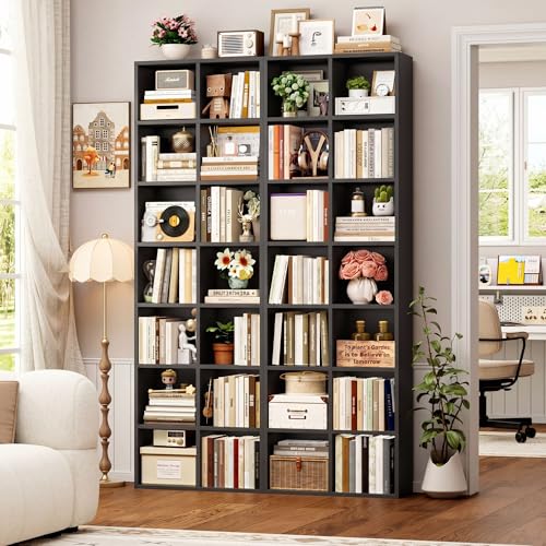 FOTOSOK 71'' Tall Bookshelf with 14 Cubes, 7 Tier Double Wide Black Bookshelf with 6 Adjustable Shelves, 19.6" Narrow Bookcase DVD/CD Media Storage, Space Saving Display Shelf Cabinet, Black - color: Black