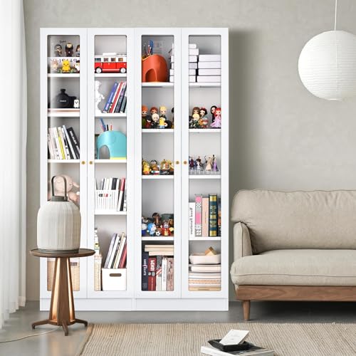 Metal Office Shelf, White Curio Storage Cabinet, Modern Bookshelf | Storage Cabinets with 4 Adjustable Shelves, Display Case for Home Office, Living Room, Pantry, Assemble Required - color: White, size: 13.98"D x 23.54"W x 70.87"H