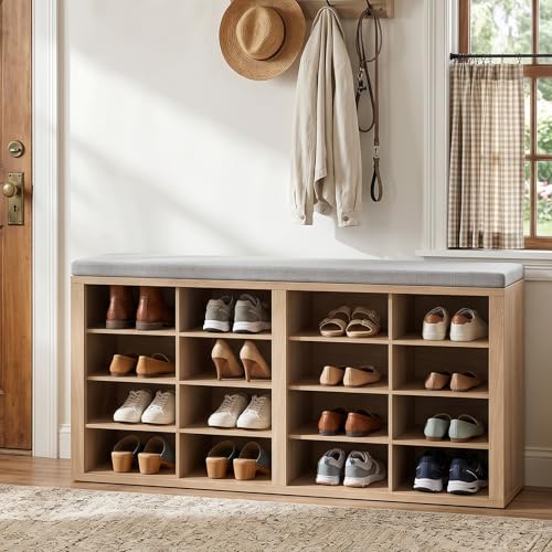 ITEFDTUTNE Shoe Rack Bench 40.94" Entryway Bench with Shoe Storage 16 Cubby Wood Shoe Organizer Bench with Removable Cushion for Hallway, Living Room, Bedroom and Garage - color: Natural Wood + Light Gray