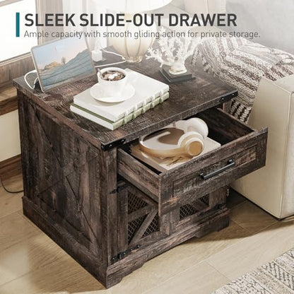 RALGEND Farmhouse End Table with Charging Station, 24" Large Sofa Side Table with Drawer, Large End Table for Living Room, Wooden Nightstand with Outlet, Square, Dark Rustic Oak - color: Dark Rustic Oak