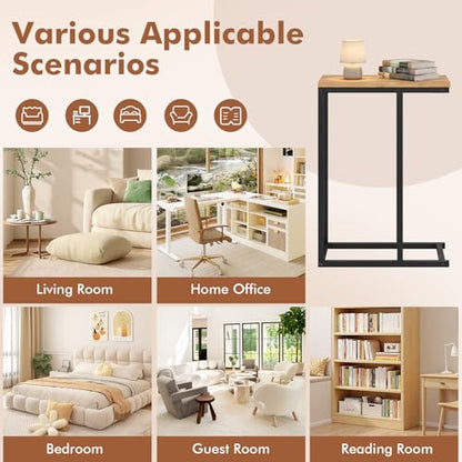 Giantex C-Shaped End Table, Set of 2 Small Sofa Couch Side Table that Slide Under with Metal Frame & Spacious Tabletop, Bedside Laptop TV Tray for Living Room Bedroom Small Spaces (Natural) - color: Natural