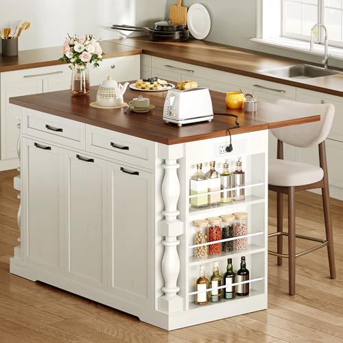 Kitchen Island on Wheels, Islands Table with Power Outlet & Trash Cabinet, 47.6" Roman Kitchen Island with Drop Leaf Tabletop, Coffee Cart with Spice Rack & Drawers & Cabinets Rolling Islands - color: White