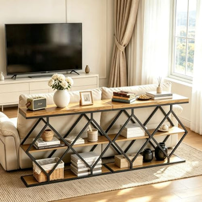 Garvee 3 Tier Console Table,39" Industrial Entryway Table,Open Wood Shelves | Sofa Table,Narrow Wood Accent Tables with Metal Frame for Hallway,Living Room,Behind Couch,Foyer,Entrance,Rustic Brown - color: Rustic Brown + Diamond-shaped
