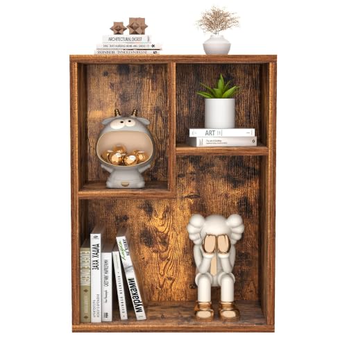 VECELO Small Bookshelf, 3 Cube Shelf, Fits Tallest Hardcovers, Horizontal Available, Short Bookcase for Small Spaces, Vintage Brown - color: Brown, size: 3-Cube Wide
