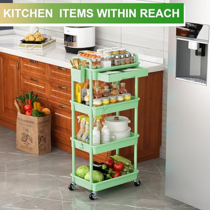 Goovilla 4 Tier Rolling Utility Cart Organizer with Removable Drawer, Stable and Sturdy Green Rolling Storage Carts with 2 Lockable Wheels for Bathroom, Kitchen, Snack, Craft, Makeup, Baby Essentials - size: 4 Tier, style: Green