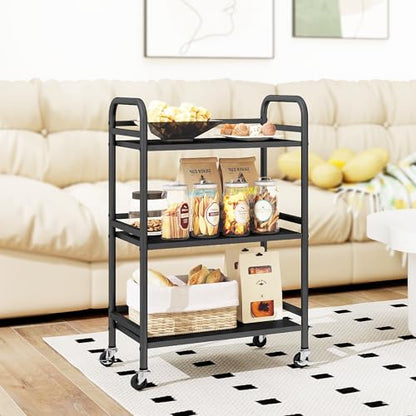 DCLRN 3 Tier Rolling Cart,Storage Organizer Cart,Multifunctional Storage Shelves,Rolling Metal Organization Cart with Handle and Lockable Wheels,for Home,Office,Kitchen,Bathroom(Black) - size: Small