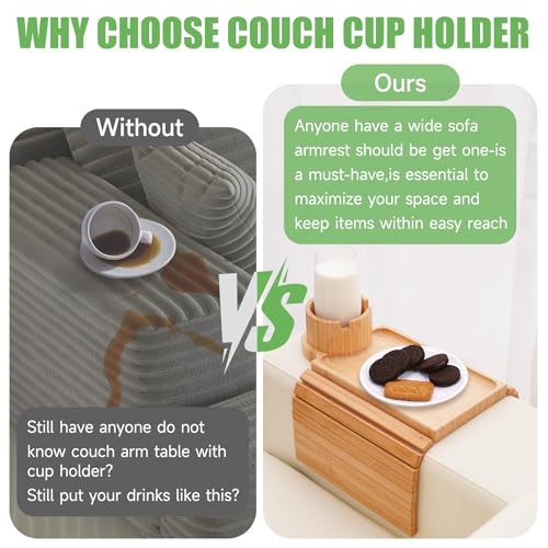 Couch Cup Holder Tray,Large Bamboo Couch Armrest Table with Cup Holder,Foldable Anti-Slip Sofa Arm Tray for Coffee Cup,Water Bottles,Mug,Snacks,Remote - color: Bamboo
