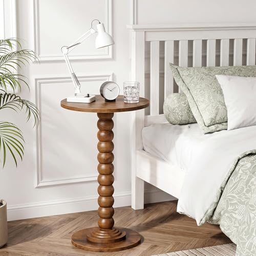 Round Side Table for Small Spaces, Modern Pedestal End Table with Solid Wood Spindle Leg, Small Drink Table Accent Nightstand for Living Room, Bedroom, Sofa Side, Apartment & Office, Brown - color: Brown