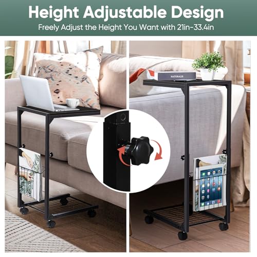 C Shaped End Table Small Side Table with Wheels Slide Under Couch Table for Sofa Adjustable Height C Table with Metal Frame for Living Room Bedroom Bedside, Black - color: Black