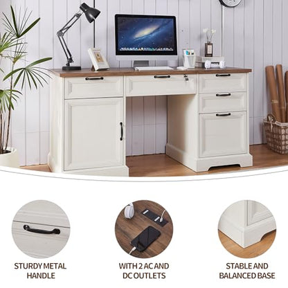 60" Farmhouse Executive Desk with Lock,Home Office Desk with Charging Station,Executive Desk with 4 Drawers & 1 Cabinet&1 File Cabinet for Office and Home - color: White
