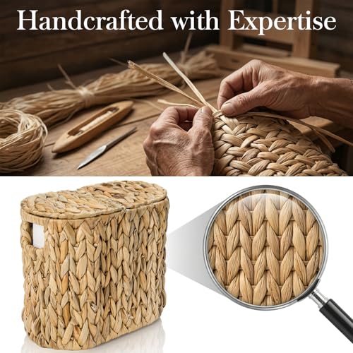 Toilet Paper Basket with Lid, Water Hyacinth 4 Rolls Toilet Paper Storage Basket, Narrow Slim Medium Paper Organizer for Bathroom