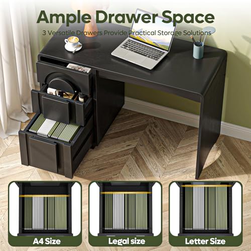 Bestier Computer Desk with Drawer, 47 Inch Wood Home Office Desk with Storage & Cabinet, Modern Arched Curved Design Office Desks for Writing Study Bedroom, Black - color: Black