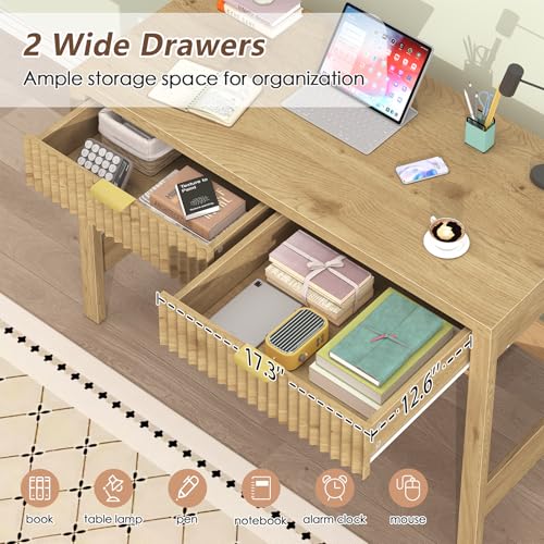 YOMILUVE Fluted Computer Desk with 2 Drawers, 39 Inch Small Computer Desk with Storage, Compact Writing Study Desk for Small Spaces - color: Oak