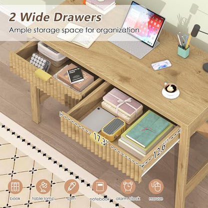 YOMILUVE Fluted Computer Desk with 2 Drawers, 39 Inch Small Computer Desk with Storage, Compact Writing Study Desk for Small Spaces - color: Oak