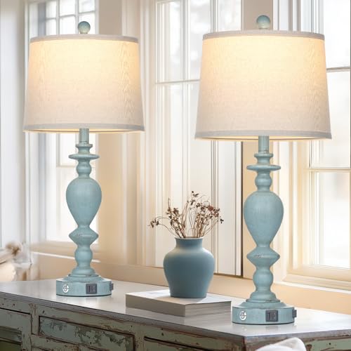 Cinkeda 27.5" Coastal Table Lamp for Living Room Set of 2,Retro Blue Bedside Nightstand Lamps with USB C+A Ports & AC Outlet,3-Way Dimmable Touch Control Desk Lamp for Bedroom - color: Blue