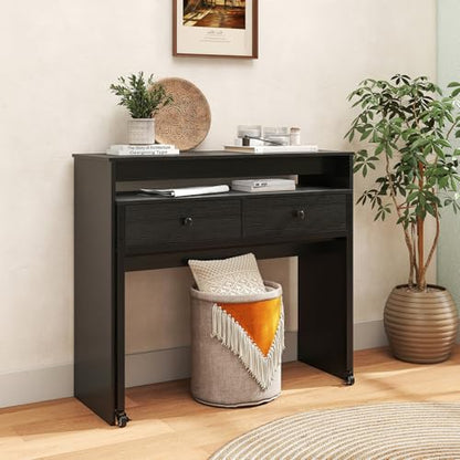 Giantex Small Computer Desk with Hutch & Drawers, Extendable Writing Desk w/Pull Out Secondary Table, Monitor Stand & Rolling Wheels, Console Table, Compact Desk for Small Spaces, Home Office (Black) - color: Black
