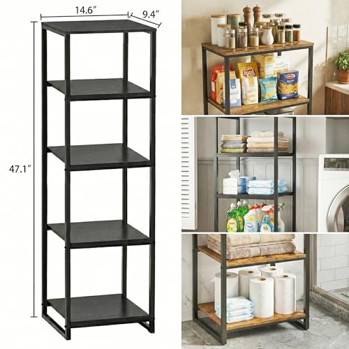 5-Tier Bathroom Shelving Unit, Narrow Corner Slim Rack, Black | 47"H, Metal Frame, Wood Finish Shelf, for Laundry Room, Kitchen, Living Spaces, Sturdy Build - size: 5-Tier