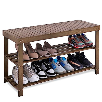 SMIBUY Bamboo Shoe Rack Bench, 3-Tier Shoe Organizer Storage Shelf for Entryway Hallway Bathroom Living Room (Walnut) - color: Walnut