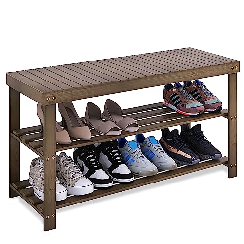 SMIBUY Bamboo Shoe Rack Bench, 3-Tier Shoe Organizer Storage Shelf for Entryway Hallway Bathroom Living Room (Walnut) - color: Walnut