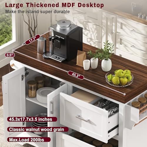 53" Large Kitchen Island with Ultra-Thick 3.5" Countertop, Heavy-Duty Rolling Storage Cart on 5 Wheels, 2 Extra-Large Drawers, Adjustable Cabinet Shelf, for Kitchen, White - color: White