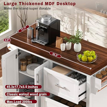 53" Large Kitchen Island with Ultra-Thick 3.5" Countertop, Heavy-Duty Rolling Storage Cart on 5 Wheels, 2 Extra-Large Drawers, Adjustable Cabinet Shelf, for Kitchen, White - color: White