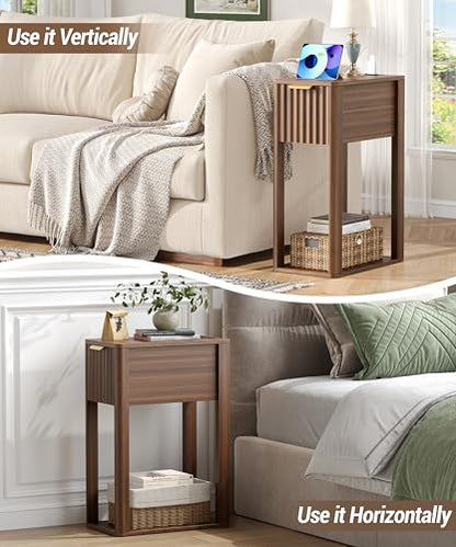 Akxomel Narrow Fluted Nightstands Set of 2, Wooden Slim Bedside Table with Charging Station, Mid-Century Modern Night Stand with Drawer and Open Shelf, Small Side End Table, for Bedroom, Walnut - color: Walnut