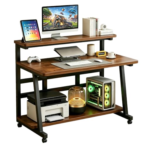 Rolling Computer Desk, 47.2 Inch Small Desks For Small Space, Portable Small Computer Desk with Monitor Stand & 3-Tier Storage, Portable Desk on Wheels for Writing, Home Office, Small Desk for Bedroom - color: Frame：black/Board：rustic Brown, size: 47.2“*1
