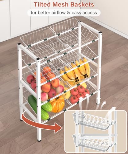 4-Tier Fruit and Vegetable Storage Rack with 8 Removable Baskets, Small Kitchen Island, Pantry Floor Organizer Stand Shelves for Snack Onion Potato Storage, White - style: 8 Baskets-White
