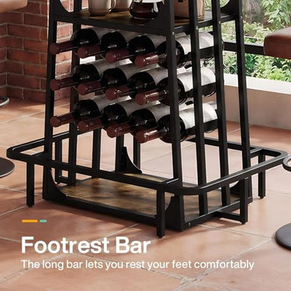 Tribesigns Bar Table, Industrial Counter Height Pub Table, Black and Brown | with Glass Holder and Wine Storage,3-Tier Cocktail Table, Home Bar Unit with Metal Footrest for Kitchen, Bistro, Dining Room