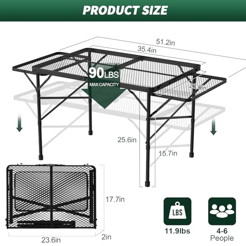 WildFinder Folding Table with 2 Wing Panels, 3x2 FT Camping Table with Mesh Desktop,Height Adjustable Folding Grill Table with Mesh Bag,Portable Outdoor Table for Picnic,Camping,BBQ,Beach(Black) - size: 3x2FT with 2 Panels