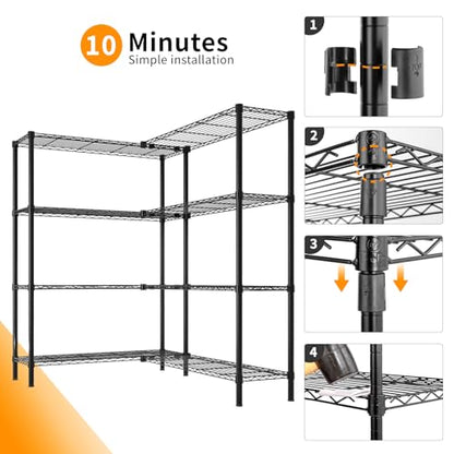 5-Tier Wide Wire Shelving Unit, Adjustable Heavy Duty Storage Rack with Leveling Feet, Freestanding Metal Shelves, for Garage Kitchen, Black - color: Black, 4 Tier-49.2"