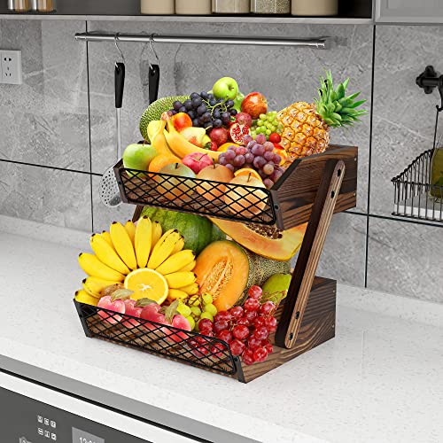 Dorhors Fruit Basket for Kitchen,Fruit Bowl,Kitchen Counter Organizer,Wooden Vegetable Holder for Countertop,Bread Storage Basket Stand(2 Tier) - size: 2 Tier