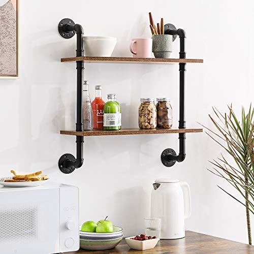 IBUYKE 2-Tiers Industrial Pipe Shelves, Pipe Floating Shelves RF-TM004 | Rustic Wall Mount Bookcase,Metal Bracket Storage Wall Shelf for Bedroom, Kitchen - size: 2 Tier